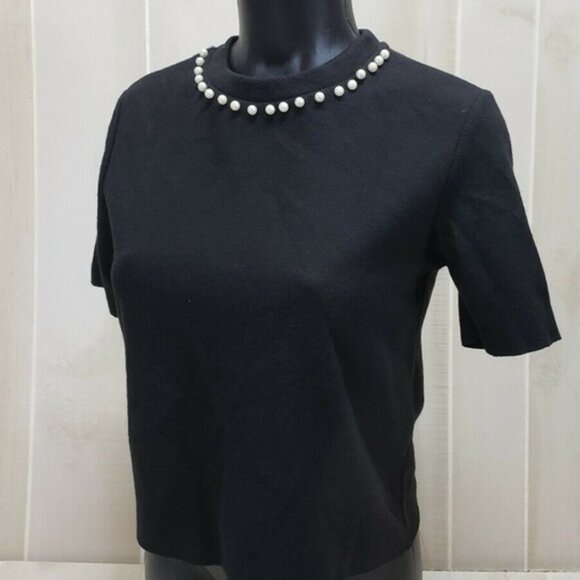 Zara Trafaluc black short sleeve sweater with pearl accent size M - Picture 1 of 4